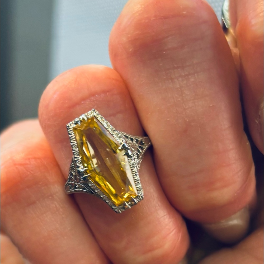 True Antique 14 kt and Citrine dinner Ring
